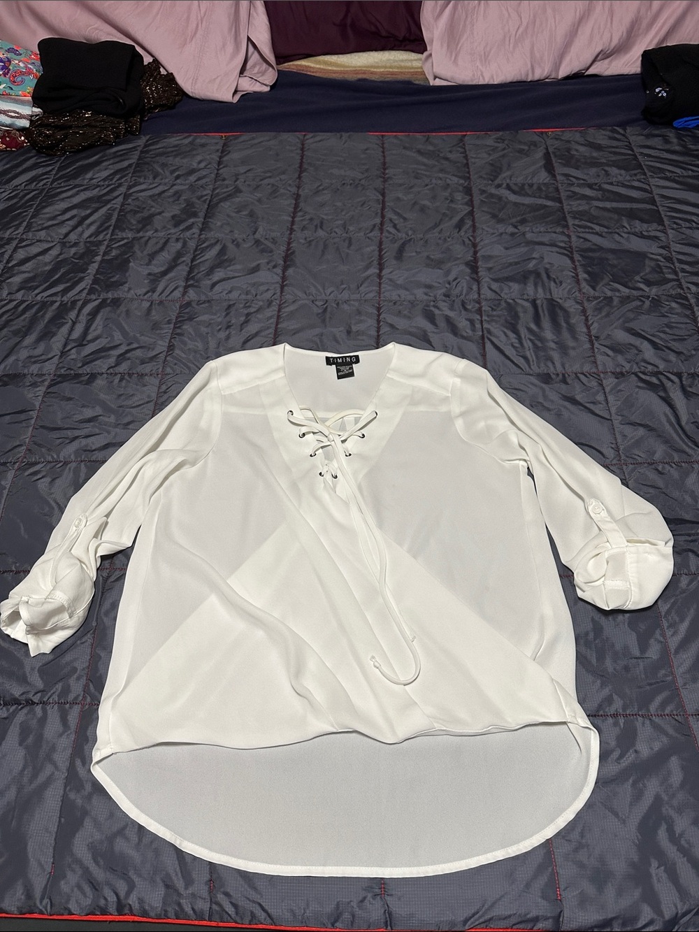 Timing White Lace-Up V-Neck Roll-Tab Blouse
